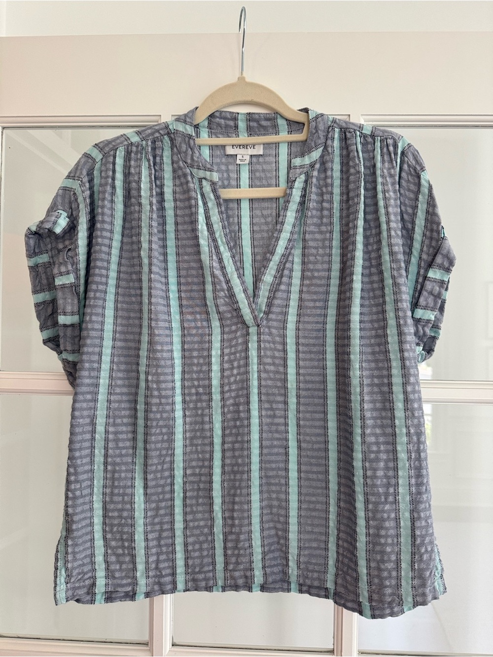 Evereve Mint & Gray Striped V-Neck Tunic